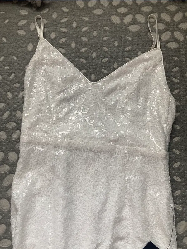 lulu’s white, sequin, sparkly slit dress with adjustable straps - Image 8