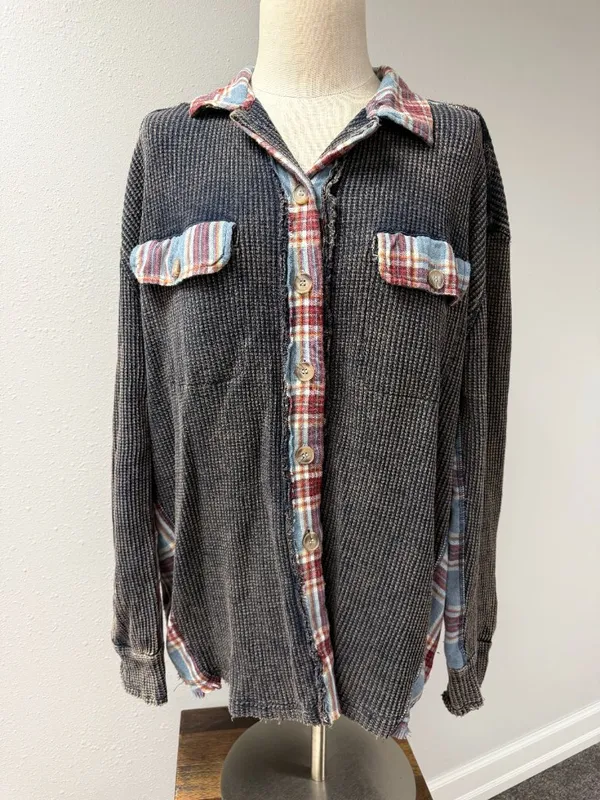 Oli & Hali Washed Plaid Waffle Knit Button-Down Shirt - Image 2