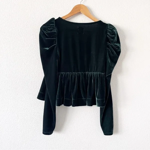 Anthropologie Maeve Pine Green Velvet Babydoll V-Neck Long Sleeve Top - Image 9