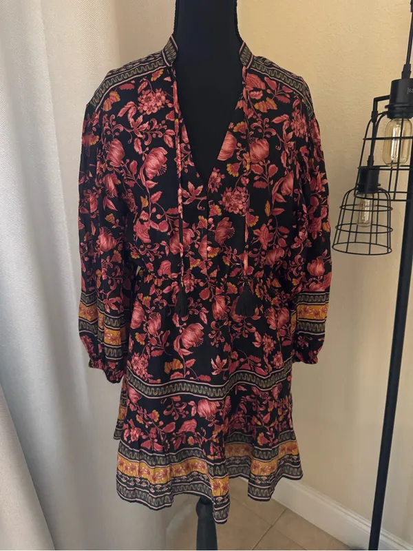 Alice + Olivia Sedona Floral Silk Blend Boho Mini Dress Tassel Tie Size 2 - Image 2