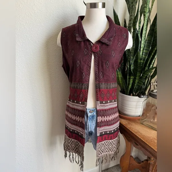 Boho Southwestern Sleeveless Cardigan Fringe Vest John‎ Mark Burgundy large - Image 12