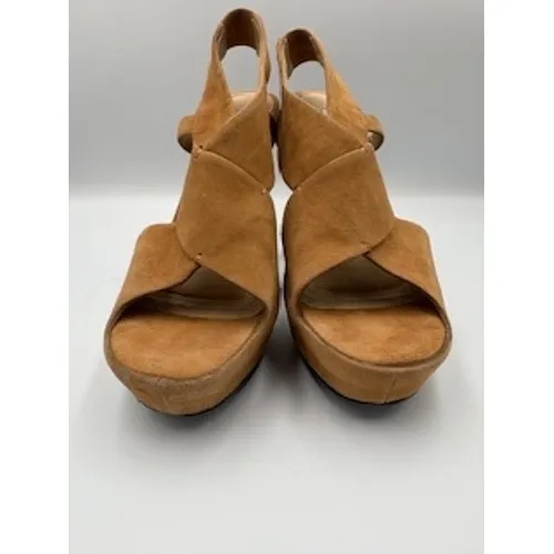 DIANE VON FURSTENBERG Zia Platform Stiletto Heel Sandals 7.5 Camel Suede Neutral - Image 3
