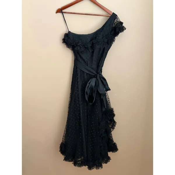 VTG 80s Black Swiss Tulle Dot One Shoulder Cocktail Dress Size 10 Whimsigoth - Image 2