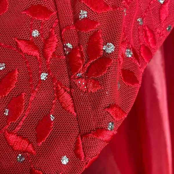 Vintage Y2K Prom Dress Corset Back Glitter Red Lace Attached Top Skirt Lace-Up - Image 10