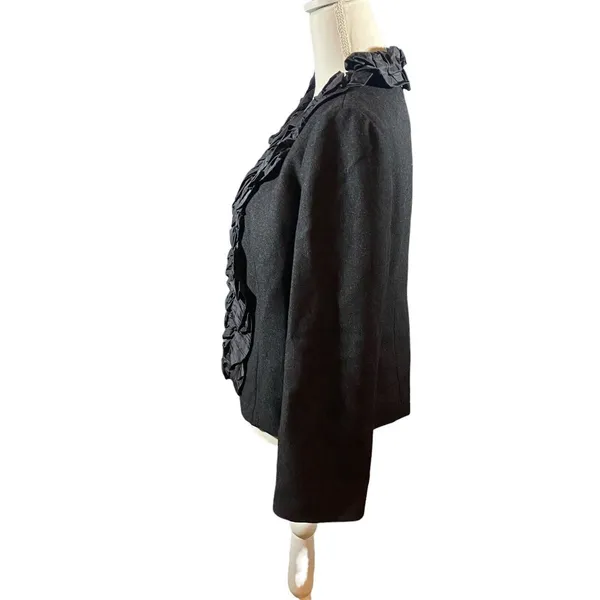 J.Crew 100% Wool Dark Grey Black Silk Trim Ruffle Neck Blazer Jacket Women‎ 6 - Image 3