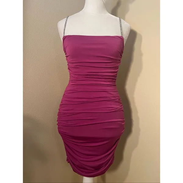 Lucy In The Sky Mauve Pink Marsha Rhinestone Strap Bodycon Mini Dress XS - Image 3