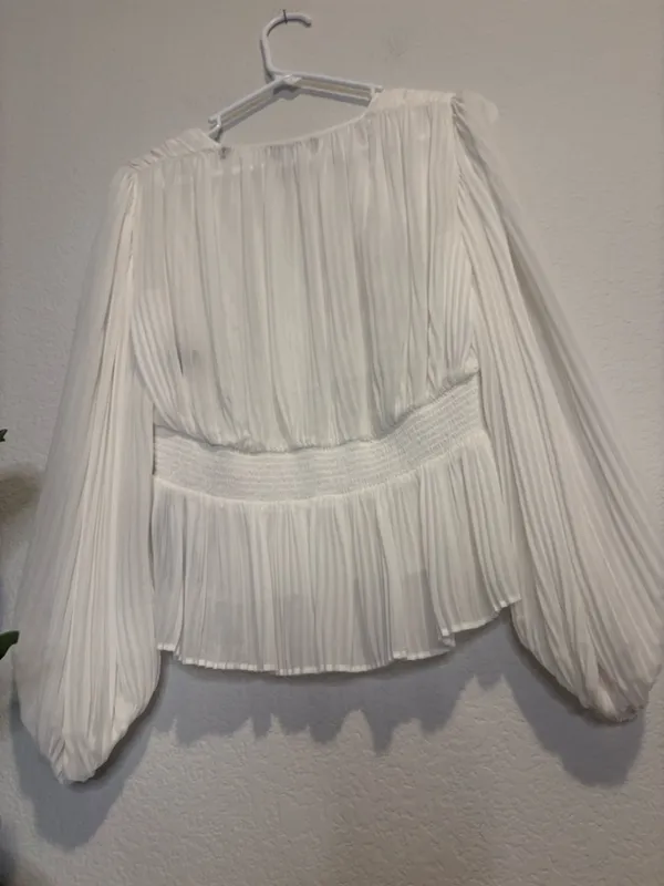 The Kooples semi sheer white Pleated peplum faux wrap Blouse - Image 8