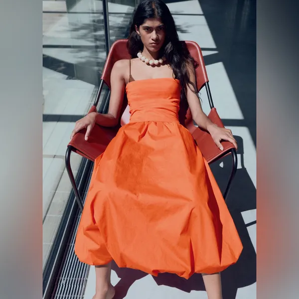 NWOT MNG MANGO Combined knitted balloon Strapless dress Bright Orange SZ-8 - Image 6