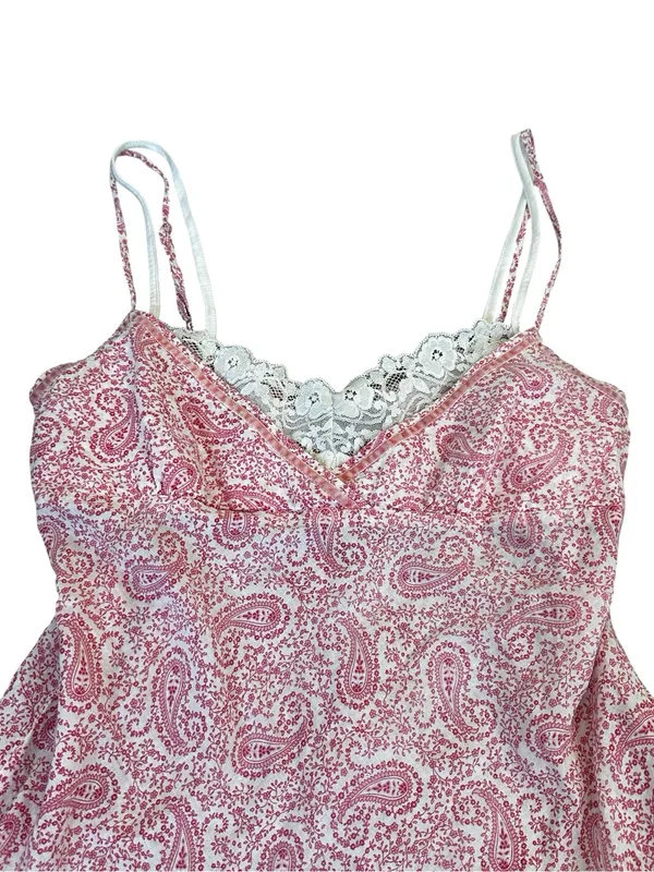 Vintage Anchor Blue Pink Paisley Babydoll Top Tie Back Cream Lace Trim Y2K - Image 2