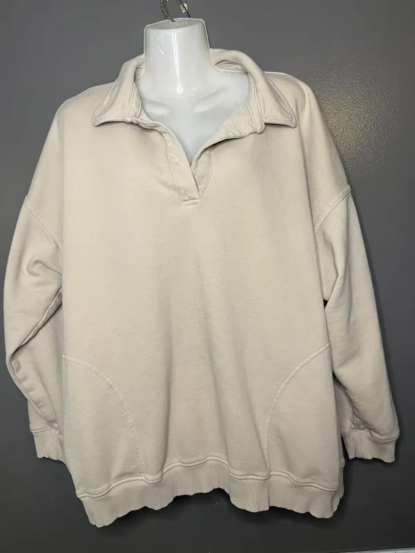 Aerie Sweatshirt Womens Medium Beige Collared V Neck Fleece Pullover Relaxed - Image 2