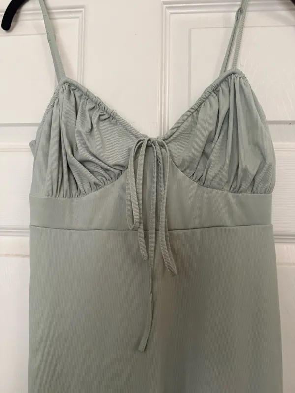 Women’s Sage Green Ruched Tie Front Mini Dress Spaghetti Strap Stretch - Image 3