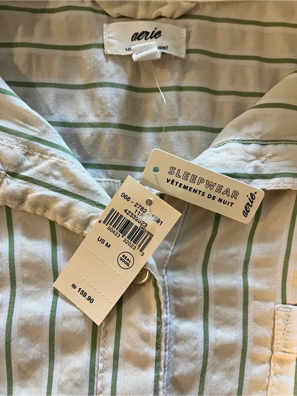 aerie Cream and Green Vertical Stripe Button-Down sleep Shirt NWT - Image 7