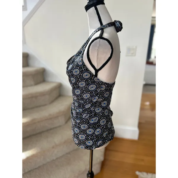 Vintage Y2K Drape Neck Brown & Blue Floral Mosaic Halter Going Out Top Boho - Image 4