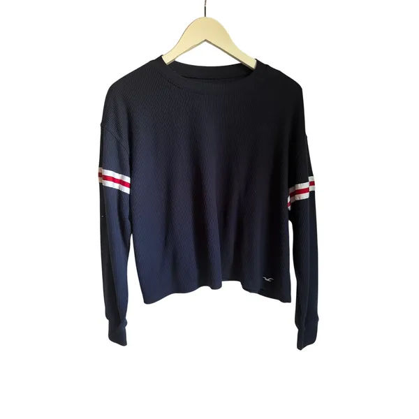 Hollister Navy Waffle Knit Long Sleeve Tee Red White Stripe Sleeves Boyfriend - Image 5