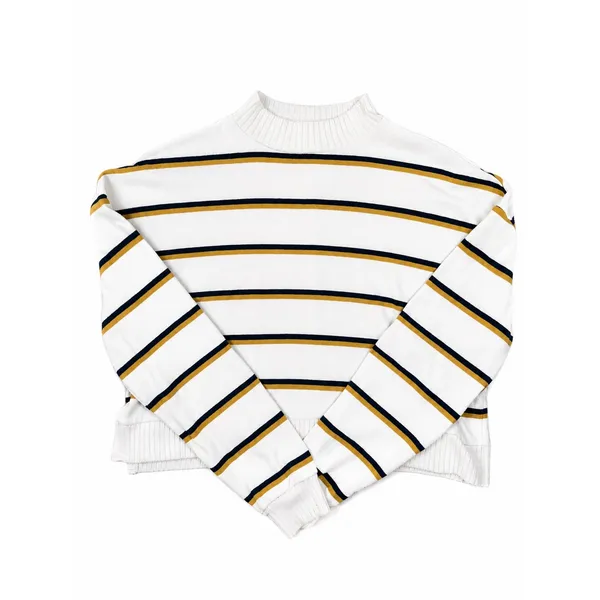 SO Women White Striped Mock Neck Cropped Knit Sweater Navy Mustard XS - Image 4