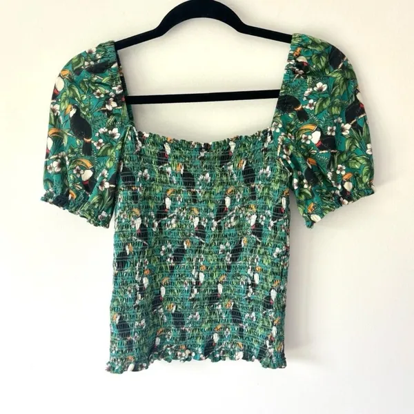Anthropologie Dolan Left Coast Smocked Puff Sleeve Green Toucan Print Top Floral - Image 10