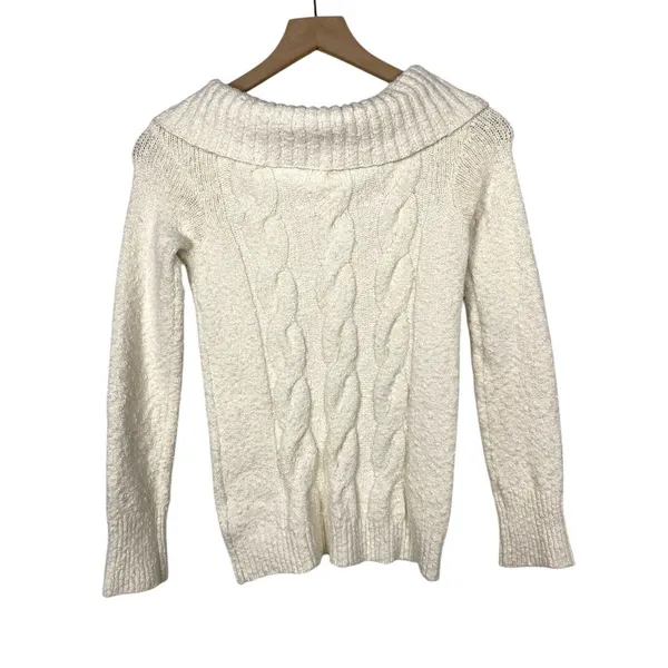 Free People‎ Cowl Neck Sweater Sz S Chunky Cable Knit Boho Cream Stretch Y2K - Image 2