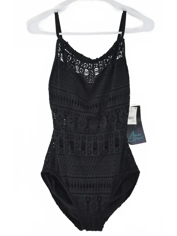Aqua Green Crochet High Neck Black One Piece Swimsuit Medium - Image 4
