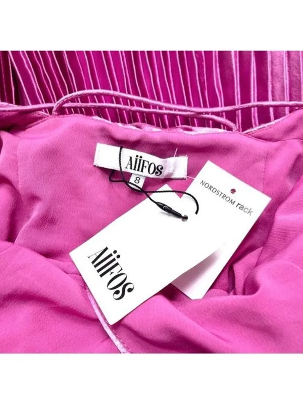 NWT AiiFOS Vera Pleated Metallic Gown 8 Pink Magenta Plisse Ruched Slit Formal - Image 6