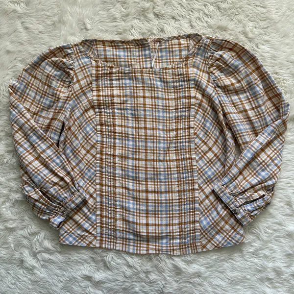 Free People Top Button Back Puff Sleeve Plaid Tan Blue S - Image 3