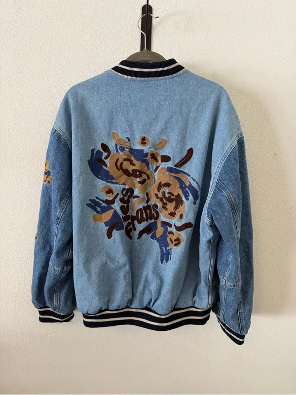 iets frans Blue Denim Embroidered Varsity Jacket Size XS - Image 7