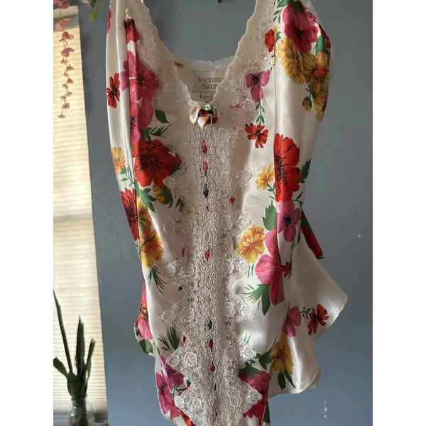 Vintage Victoria’s Secret Floral Satin Lace Teddy Bodysuit Size P - Image 2