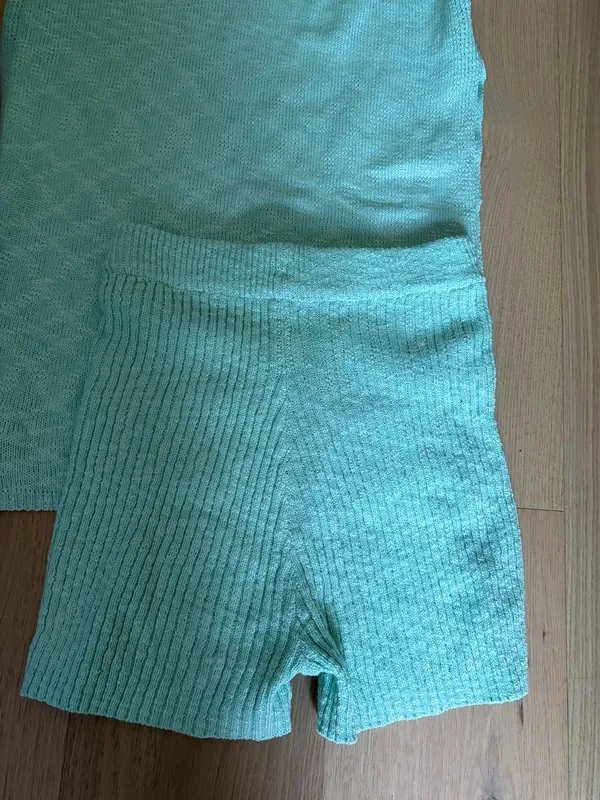 Uaneo 2 Piece Outfit Summer Knit Sweater Set Sleeveless Tunic top and short teal - Image 9