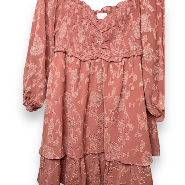 Pink Lily | Textured Floral Long Sleeve Cinched Bust Smocked Mini Tiered Dress L - Image 3