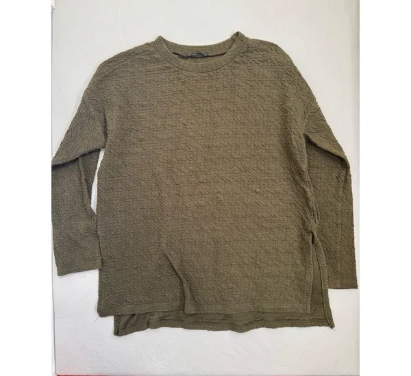Zara Olive Green Textured Crinkle Knit Long-Sleeve Top Side Slit Hem Size M - Image 2
