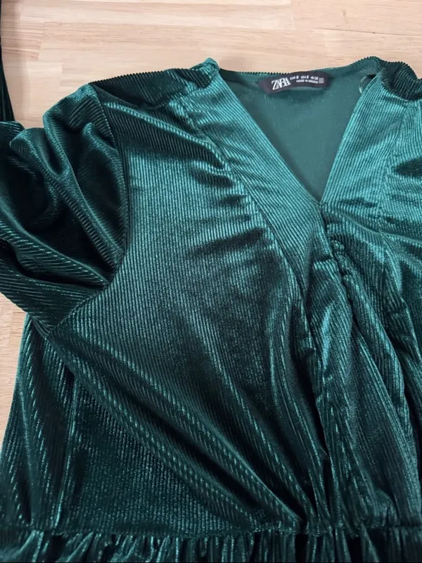 Zara Deep Emerald Velvet V-Neck Tiered Mini Dress EUC - Image 5