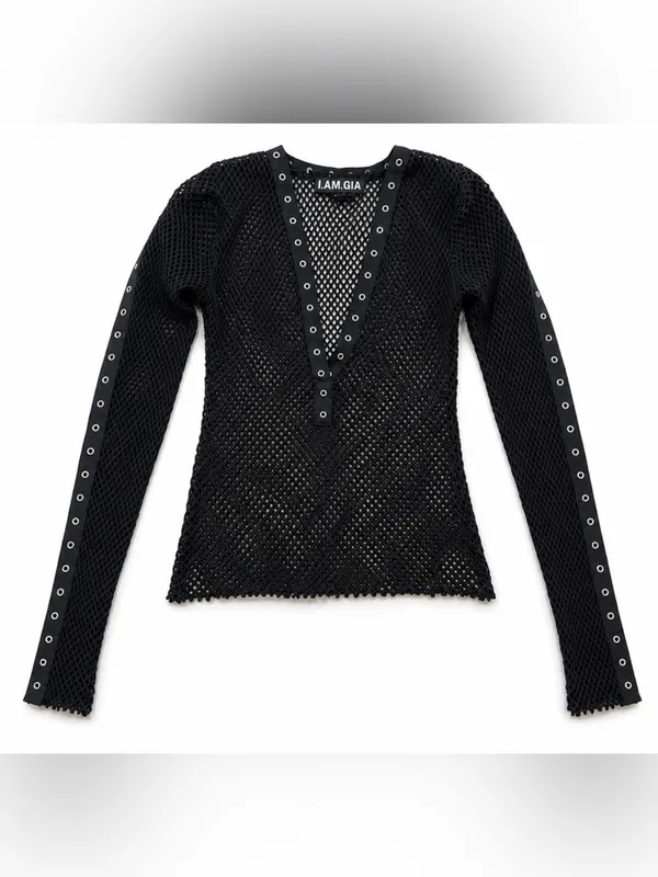I.AM.GIA Black Mesh Festival Long Sleeve Top XS Sheer Eyelet Grunge Goth - Image 3