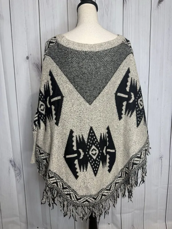 Earthbound Trading Poncho Sweater Fringe Aztec Black Tan Sz XL - Image 9