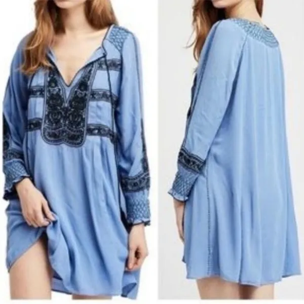 Free People Wind Willow Boho Embroidered Peasant Dress. Periwinkle Gauzy Size S - Image 3