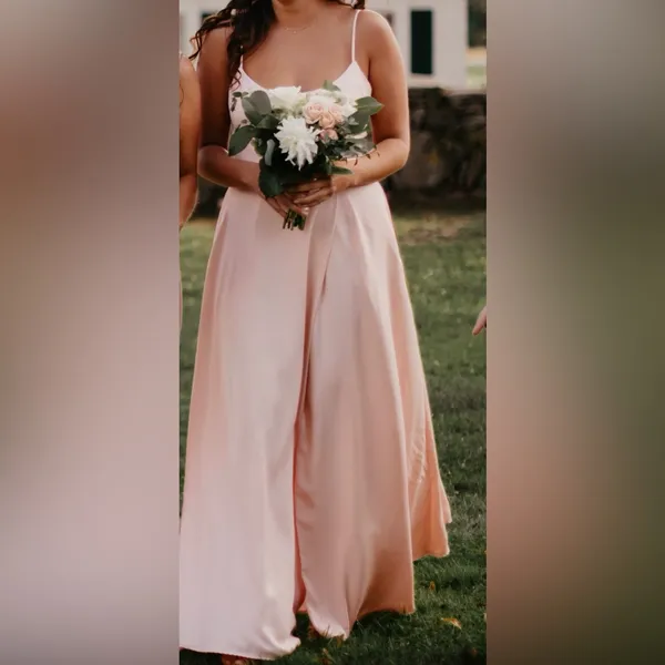 David’s Bridal Light Pink Bridesmaid Dress Size 6 Slit Spaghetti Strap Formal - Image 10