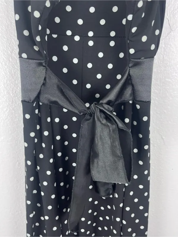 LIPSTICK Black White Polka Dot Bow Waist Spaghetti Strap Bubble Hem Dress Small - Image 6