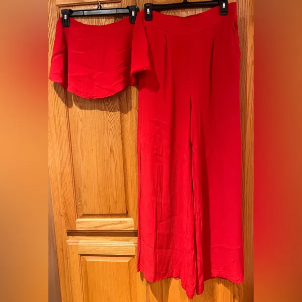 Free People Gia Red Crepe‎ Strapless Flounce Top & Wide Leg Pants Set Size Small - Image 7