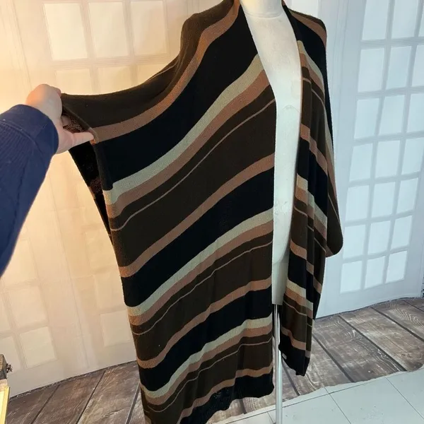 KK Intl. Brown Stripes Knit Open Front Poncho Long Cardigan Sweater Size XL - Image 2