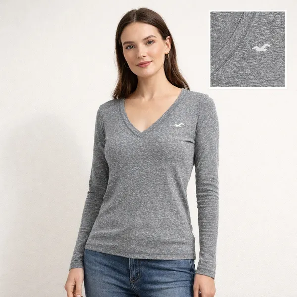 Hollister V Neck Long Sleeve Basic Tee Size M Womens Gray Slim Fit Logo Y2K - Image 2