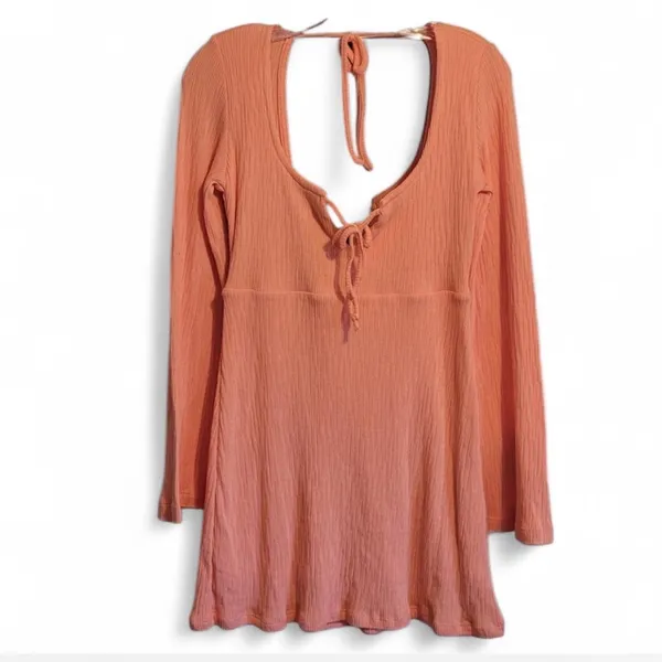 FREE PEOPLE - Brynne Boho Flared Long Bell Sleeve Open Back Mini Dress NWOT - Image 4