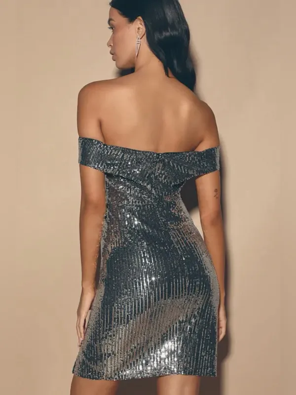 Lulus NWT Women Small Shiny Silver Off the Shoulder Sequin Mini Party Dress - Image 2