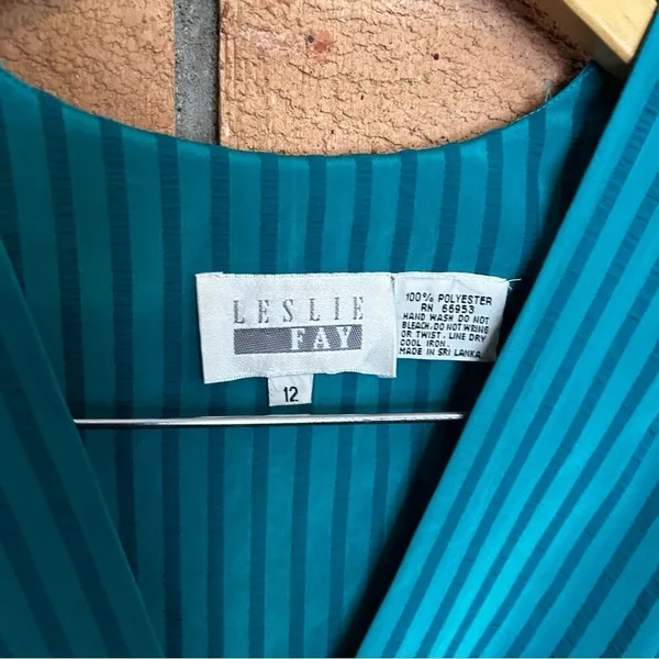 Vintage 70s/80s Leslie Fay Teal 2 Piece Midi Dress & Cover Striped Size 12 - Image 4