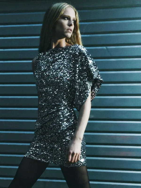 NWT ZARA SEQUINED Asymmetric MINI DRESS Navy Silver Festive Days - Image 2
