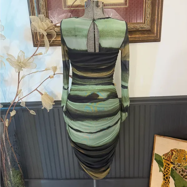 Anthropologie Ruched Sheer Mesh Bodycon Midi Dress Green Black XS🧡🍄 - Image 5