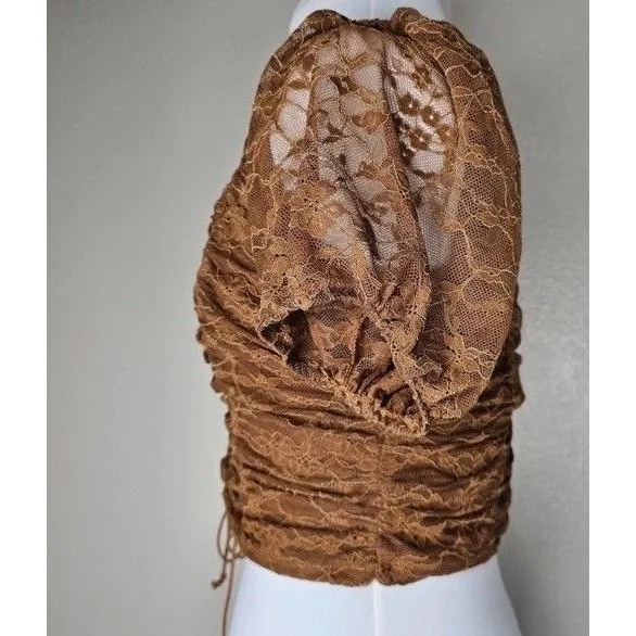Meraki Brown Boho Lace Up Puff Sleeve Crop Peasant Top Sz L Festival Cottagecore - Image 2