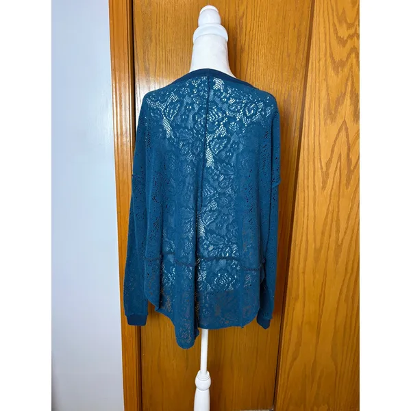 Free People Not Cold In This Jewel tone Blue Floral Lace Oversized Boho Top - Image 6
