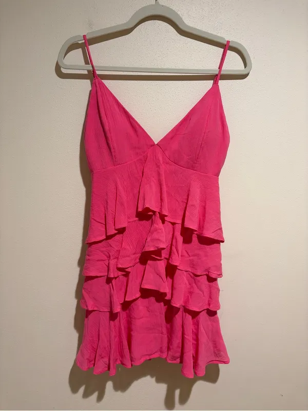 Hollister V-Neck Ruffle Tiered Mini Dress Lace Up Corset Back Hot Pink Medium - Image 3