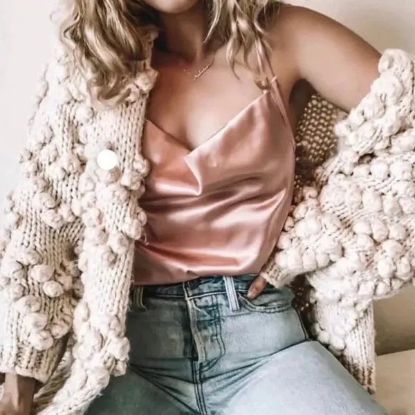 Chicwish Knit Your Love Ivory Heart Shape Pompoms Chunky Knit Cardigan Sweater S - Image 13