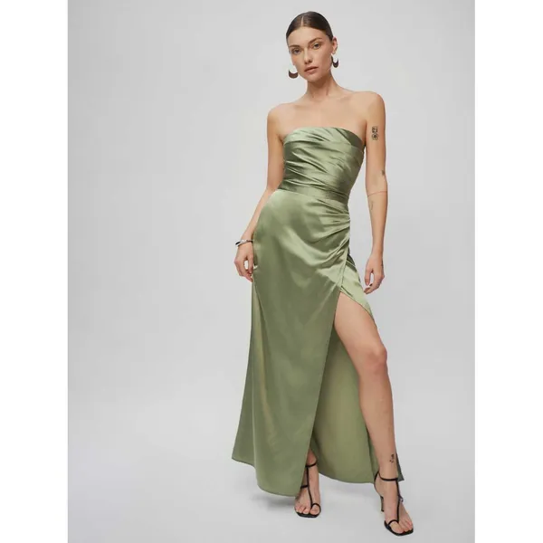 Reformation Barrow Silk Dress Artichoke Green Strapless Maxi Slit Size 8 NWT - Image 2