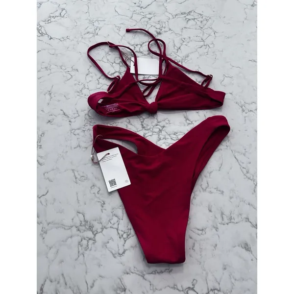 NWT Quince Cherry Red Knot Tie Bikini Top & High Leg Bottom Set Small - Image 2
