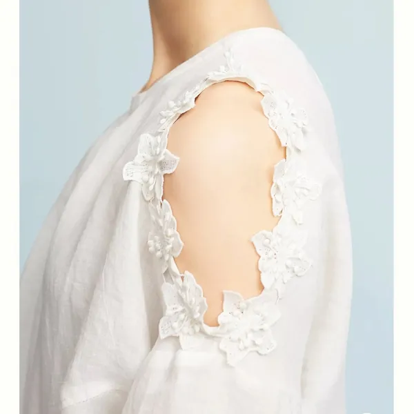 Anthropologie Eri + Ali Floral Applique cold shoulder blouse loose fit SP petite cream linen - Image 15